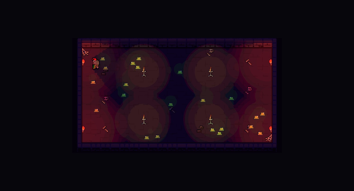 Two synchronized recordings of the dungeon scene — same animations, same point in time, with and without DefaultLightEffect bound. — DefaultLightEffect on (still)